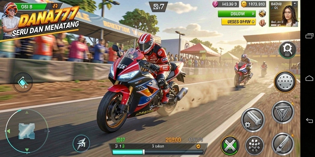 Tampilan gameplay DANA777 yang penuh aksi balapan motor.