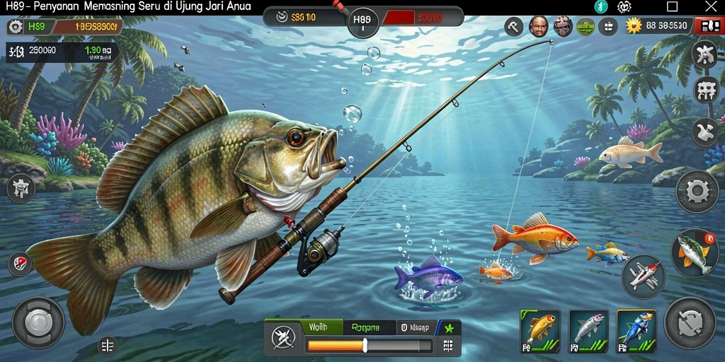 Screenshot gameplay H89 menampilkan aksi menangkap ikan yang mendebarkan.