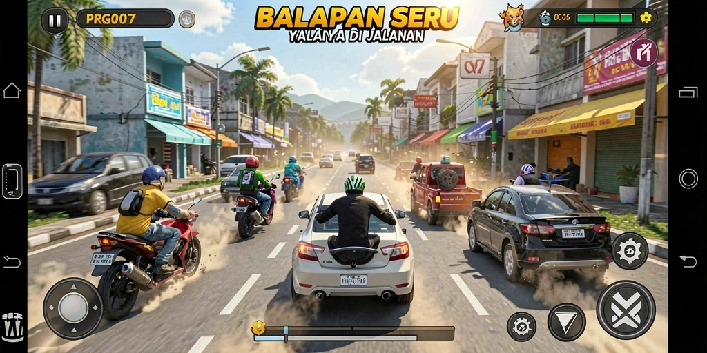 Tampilan gameplay balapan seru dalam PRG007 dengan mobil yang melaju cepat.