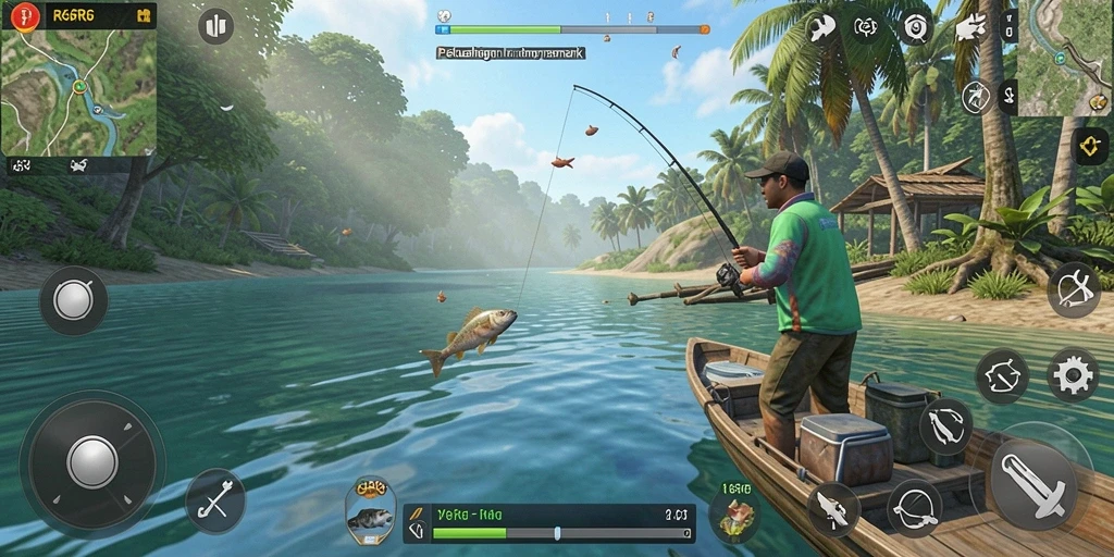 Tampilan gameplay R6R6 dengan pemain menangkap ikan di danau yang indah.