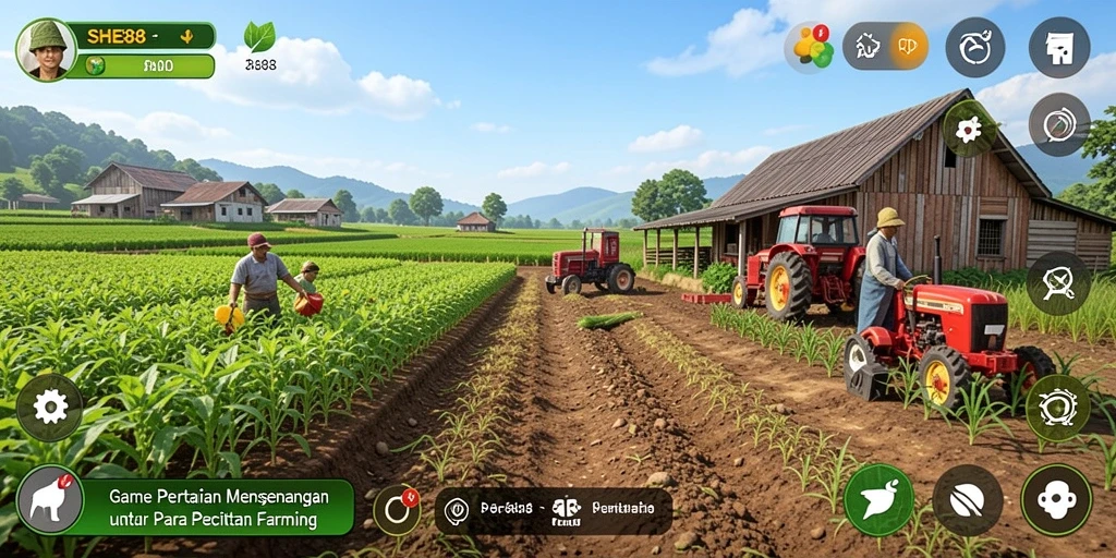 Screenshot SHE888 menampilkan pemain sedang bertani dengan berbagai tanaman.