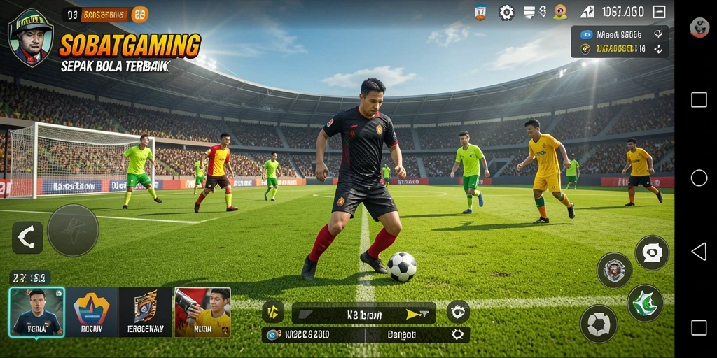 Tangkapan layar dari permainan SOBATGAMING yang menampilkan aksi gelandang berlari ke gawang.